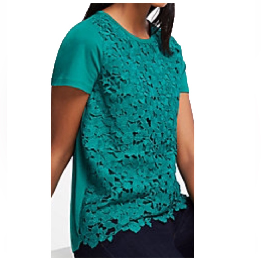 New with Tags NWT Ann Taylor Petite Floral Lace Tee large emerald green t-shirt